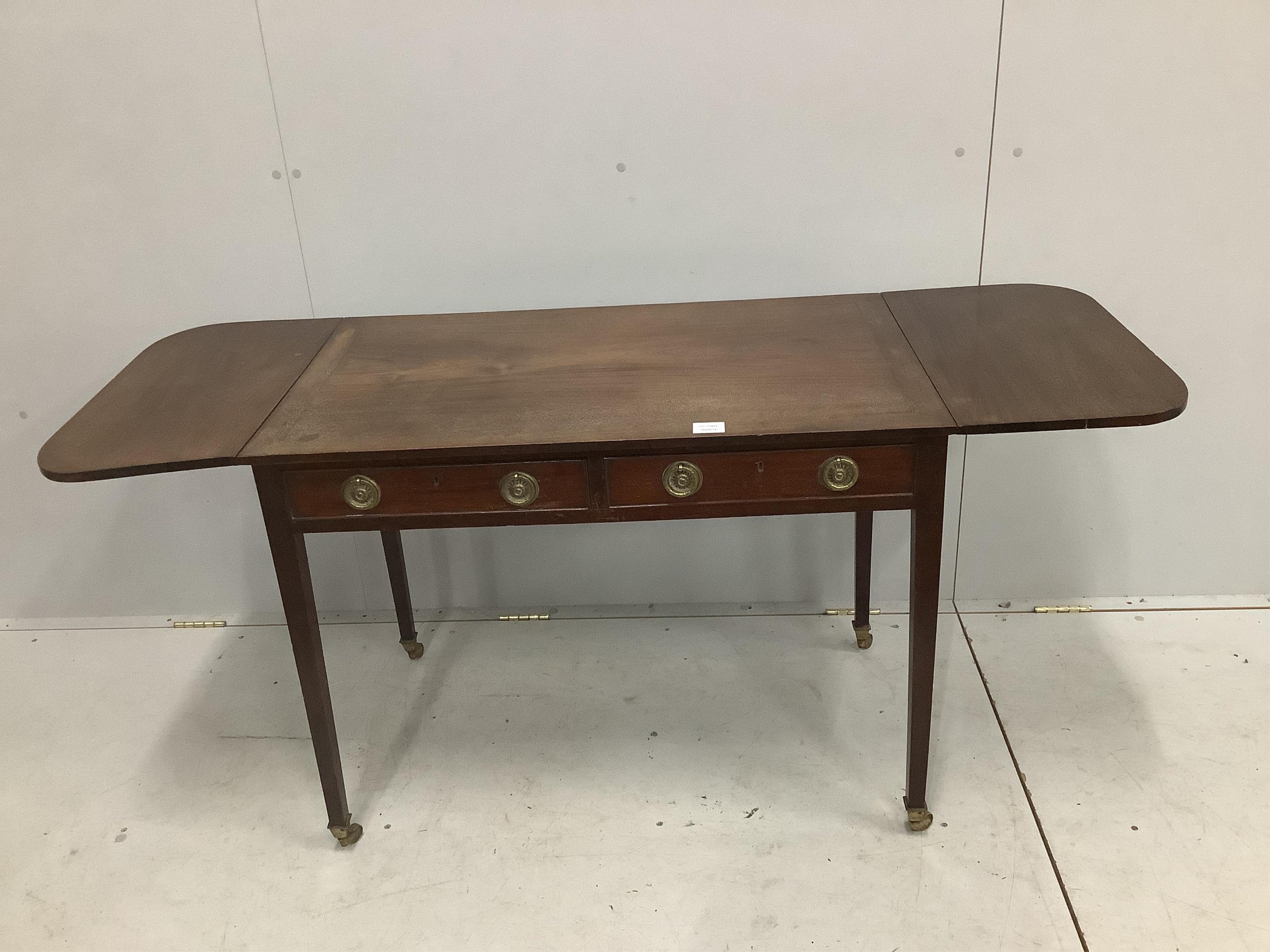 A George III mahogany drop leaf side table, width 92cm, depth 55cm, height 70cm. Condition -fair